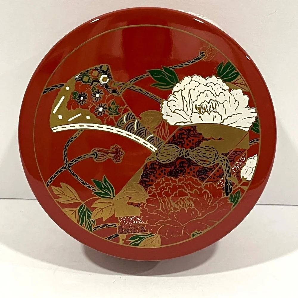 Lacquerware Japanese Set 6 Plates Coasters Lidded Box Red Peony Fan